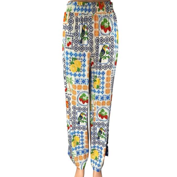 NEW Rose + Olive Framed Fruits Multicolor Wide Leg Palazzo Trousers Pants Size M - Picture 1 of 5